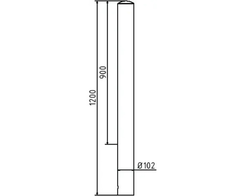 Technische Zeichnung eines Pfostens mit den Maßen 1200 mm Länge und 102 mm Durchmesser