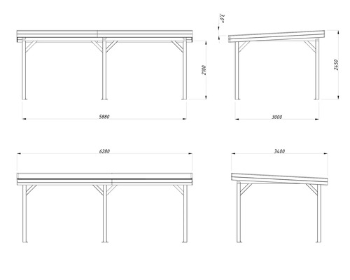 Technische Zeichnung eines Carports mit Maßangaben