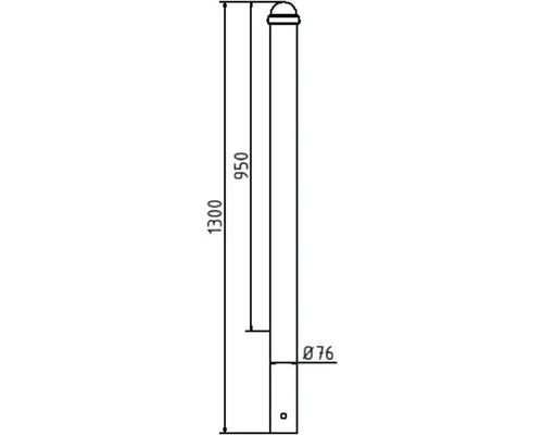 Technische Zeichnung eines Pfostens mit Maßen: 1300 mm Höhe, 76 mm Durchmesser und 950 mm bis zur Spitze.