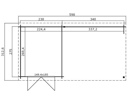 Grundrisszeichnung eines Gartenhauses mit Maßangaben
