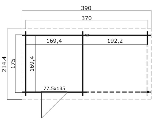 Grundrisszeichnung eines Gartenhauses mit Maßangaben