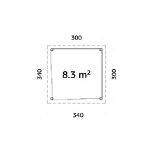 Grundriss mit den Maßen 340 mal 340 und 300 mal 300 mit einer Fläche von 8,3 Quadratmetern