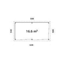 Grundriss mit Maßangaben: 340 mal 628 Zentimeter, Fläche 16,6 Quadratmeter