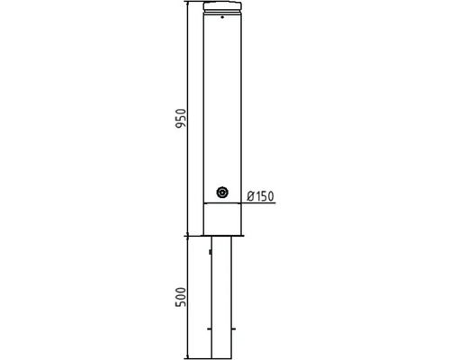 Technische Zeichnung eines Pfostens mit den Maßen 950 mm Höhe, 500 mm Tiefe und einem Durchmesser von 150 mm.