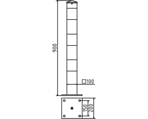 Technische Zeichnung eines Absperrpfostens mit Maßangaben