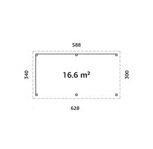 Grundriss mit den Maßen 588 mal 340, 628 mal 300 und 16,6 Quadratmeter Fläche