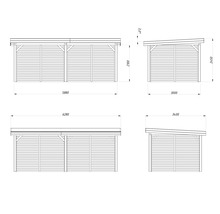 Technische Zeichnung eines Carports mit Seitenwänden und Größenangaben.