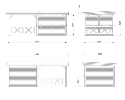 Technische Zeichnung eines Pavillons mit Maßangaben