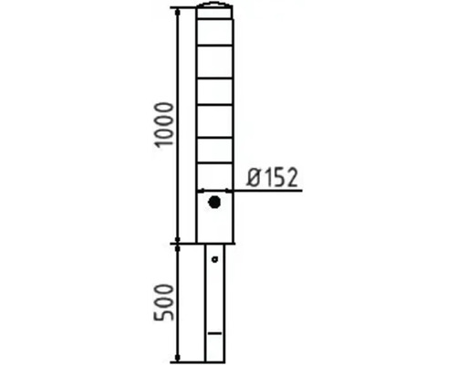 Technische Zeichnung eines Pollers mit den Maßen Durchmesser 152 Millimeter, 1000 Millimeter und 500 Millimeter