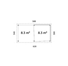 Grundrisszeichnung mit Maßangaben für ein Gartenhaus