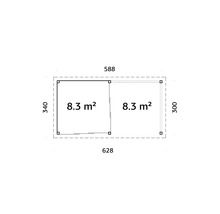 Grundrisszeichnung mit zwei Räumen von je 8,3 Quadratmetern und Abmessungen