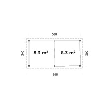 Grundrisszeichnung mit Maßen für ein Gartenhaus, bestehend aus zwei Quadraten von je 8,3 Quadratmeter.