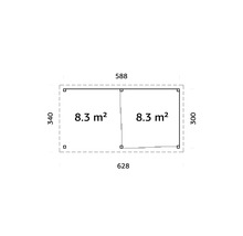 Grundriss eines Gartenhauses mit den Maßen 628 x 588 x 340 x 300 cm und einer Fläche von 8,3 Quadratmetern pro Raum