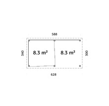 Grundriss mit Maßangaben: 588 x 628 x 340 x 300, jeweils 8.3 Quadratmeter.