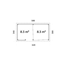 Grundrisszeichnung eines Gartenhauses mit Flächenangaben und Außenmaßen.