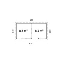 Grundriss eines Gartenhauses mit Flächenangabe der Räume und Abmessungen