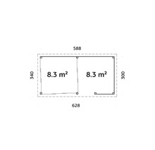 Grundriss eines Gartenhauses mit zwei Räumen je 8.3 Quadratmeter