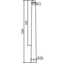 Technische Zeichnung eines Pfostens mit den Maßen 1300 mm Höhe, 77 mm Durchmesser oben und 102 mm Durchmesser unten