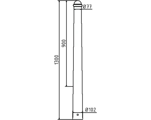 Technische Zeichnung eines Pfostens mit den Maßen 1300 mm Höhe, 77 mm Durchmesser oben und 102 mm Durchmesser unten