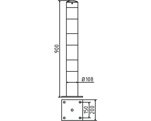 Technische Zeichnung eines Sicherheitspollers mit den Maßen 900 mm Höhe und 108 mm Durchmesser.