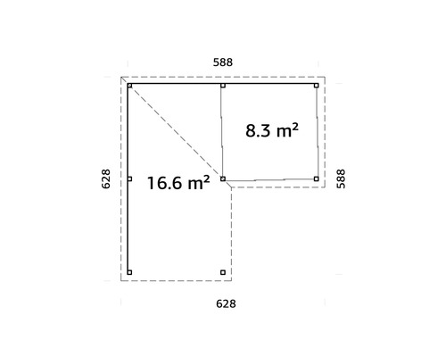Grundriss mit Maßangaben: 16,6 Quadratmeter und 8,3 Quadratmeter