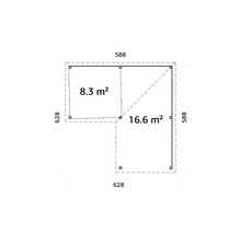 Grundriss eines Gartenhauses mit den Maßen 628 x 588 cm und einer Fläche von 8,3 m² bzw. 16,6 m².