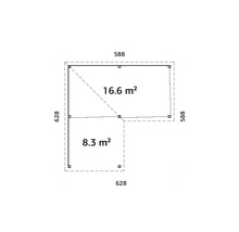 Grundriss eines Gartenhauses mit den Maßen 588 mal 588 und 628 mal 628, die sich zu einer Fläche von 16,6 Quadratmetern und 8,3 Quadratmetern zusammensetzen.