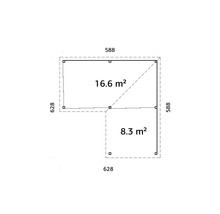 Grundriss mit Flächenangaben: 16,6 Quadratmeter und 8,3 Quadratmeter
