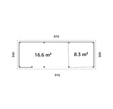 Grundrisszeichnung mit Maßangaben eines Gartenhauses