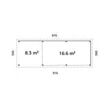Grundriss einer Gartenhütte mit den Maßen 876 x 340 und 916 x 300 mit Flächenangabe