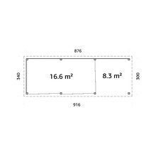 Grundrisszeichnung eines Gartenhauses mit Maßangaben