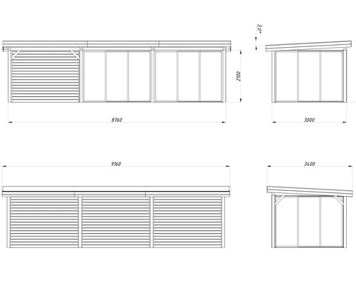 Zeichnung eines Gartenhauses mit Abmessungen.