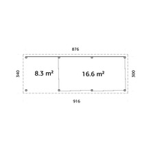 Grundriss eines Gartenhauses mit den Maßen 876 mal 340 und 916 mal 300, unterteilt in Bereiche von 8,3 und 16,6 Quadratmetern