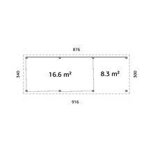 Grundrisszeichnung eines Gartenhauses mit Flächenangaben und Abmessungen.