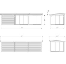Zeichnung einer Holzgarage mit den Maßangaben Länge 9160 mm, Breite 3400 mm und Höhe 2100 mm.