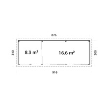 Grundrisszeichnung mit Maßangaben 876 x 340 cm und Raumgrößen 8,3 m² und 16,6 m²