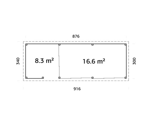 Grundrisszeichnung mit Maßangaben 876 x 340 cm und Raumgrößen 8,3 m² und 16,6 m²