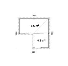 Grundriss eines Gartenhauses mit einer Fläche von 16.6 Quadratmetern und 8.3 Quadratmetern