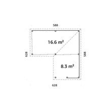 Grundriss mit Flächenangaben 16.6 Quadratmeter und 8.3 Quadratmeter sowie Maßangaben in Millimeter