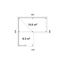 Grundriss eines Gartenhauses mit den Maßen 588 mal 588 Zentimeter und 628 mal 628 Zentimeter, Gesamtfläche 16,6 Quadratmeter und 8,3 Quadratmeter