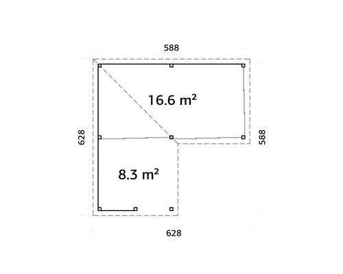Grundriss eines Gartenhauses mit den Maßen 588 mal 588 Zentimeter und 628 mal 628 Zentimeter, Gesamtfläche 16,6 Quadratmeter und 8,3 Quadratmeter