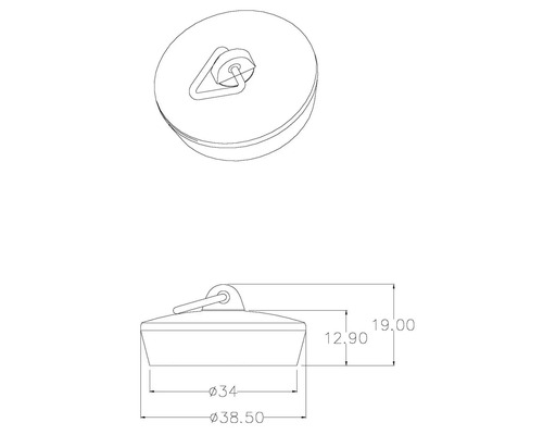 Technische Zeichnung eines Abflussstopfens mit Maßen