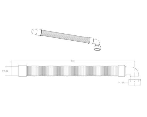 Technische Zeichnung eines Siphons mit den Maßen 40 Millimeter und 960 Millimeter