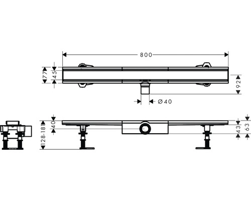 Technische Zeichnung einer Duschrinne mit Maßangaben