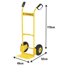 Gelbe Sackkarre mit den Massen 49 cm Breite, 52 cm Tiefe und 119 cm Höhe
