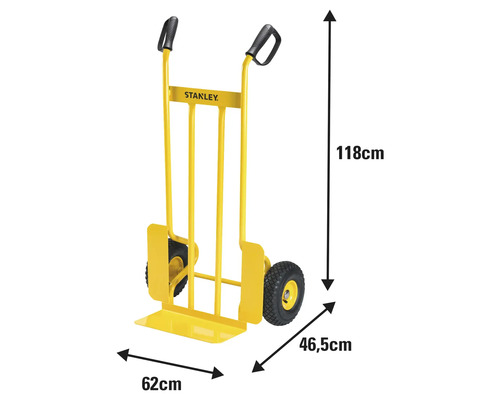 Gelbe Sackkarre mit den Maßen 118 cm Höhe, 62 cm Breite und 46,5 cm Tiefe