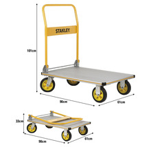 Stanley Transportwagen mit den Massen 90 x 61 x 101 Zentimeter im ausgeklappten Zustand und 90 x 61 x 33 Zentimeter im eingeklappten Zustand