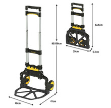 Stanley Transportwagen mit den Maßen 40 cm x 41 cm x 90 cm/100 cm im ausgeklappten Zustand und 39 cm x 6,3 cm x 63,5 cm im zusammengeklappten Zustand.