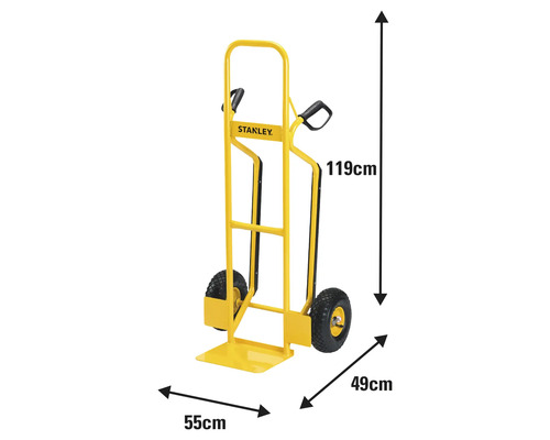 Stanley Sackkarre mit den Massen 119 cm Höhe, 55 cm Breite und 49 cm Tiefe.