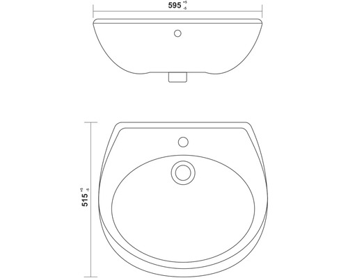 Zeichnung eines Waschbeckens mit den Maßen 595 mal 515 Millimeter.